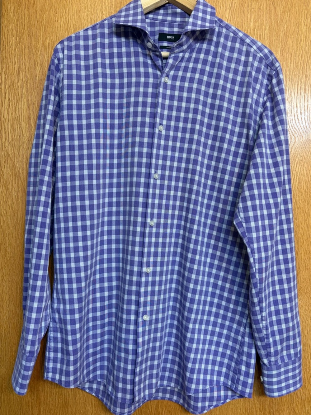 #625 Hugo Boss, Slim Fit Purple and White Checked Dress Shirt